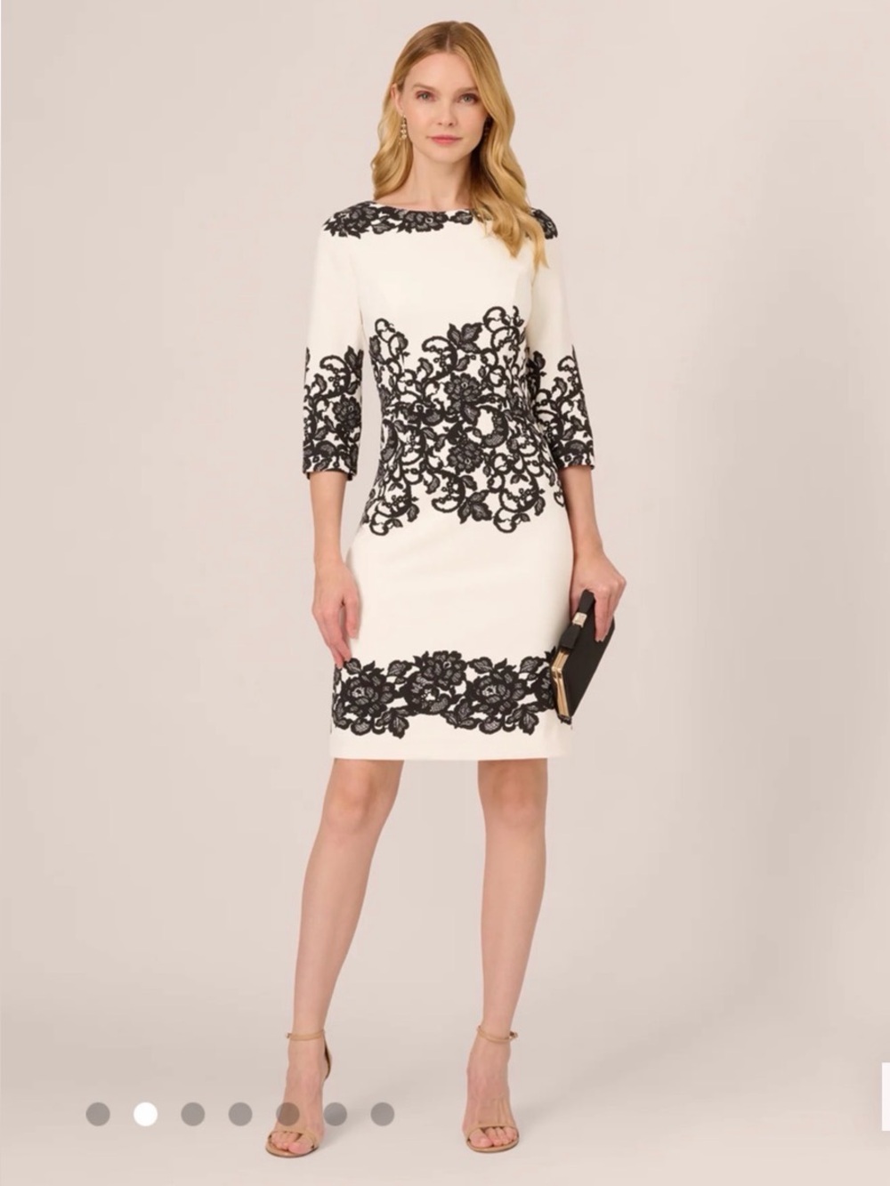 Adrianna Papell Scroll Lace Dress Elegant Black & White Sheath Dress